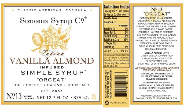 Sonoma Syrup Co. Vanilla Almond Infused Simple Syrup 12.7 fl oz | for Cocktails, Tea, and Baking | Hand Crafted in the USA
