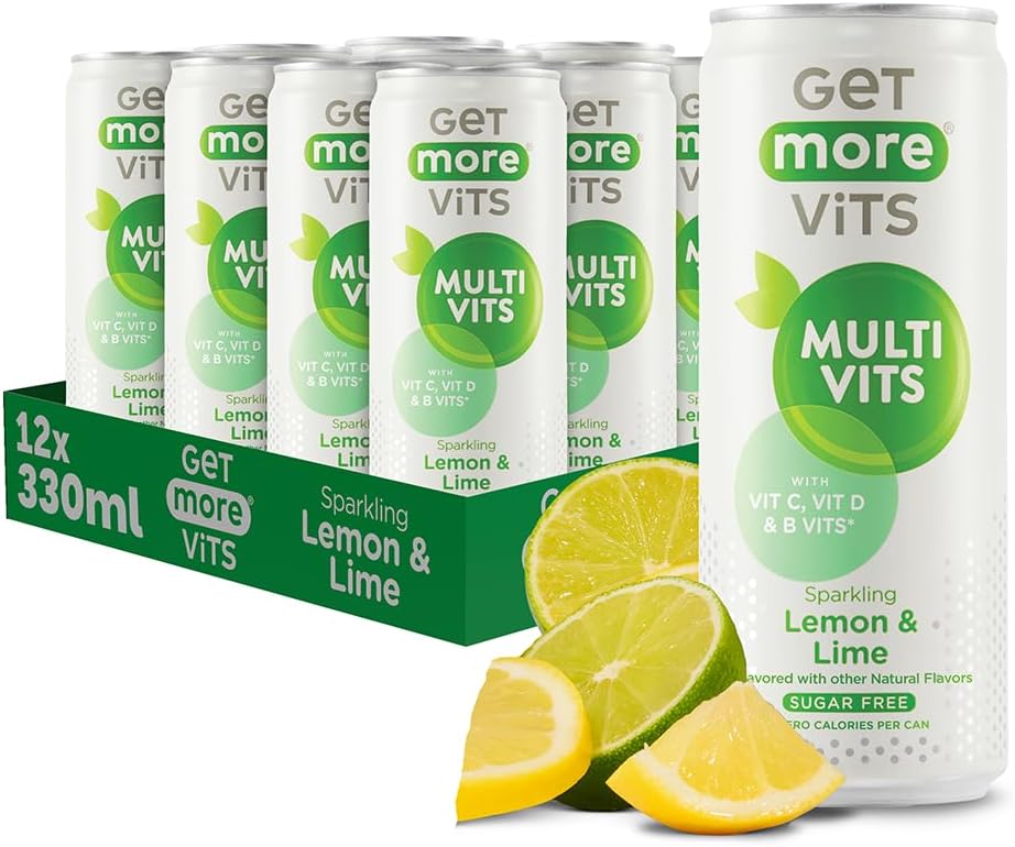 Get More Vits Multivitamin Sparkling Spring Water – Lemon & Lime, 12 x 330ml Cans – Sugar-Free, Low Calorie Vitamin Drink with 100% Daily Dose of Vitamin D, B-Vitamins & Vitamin C