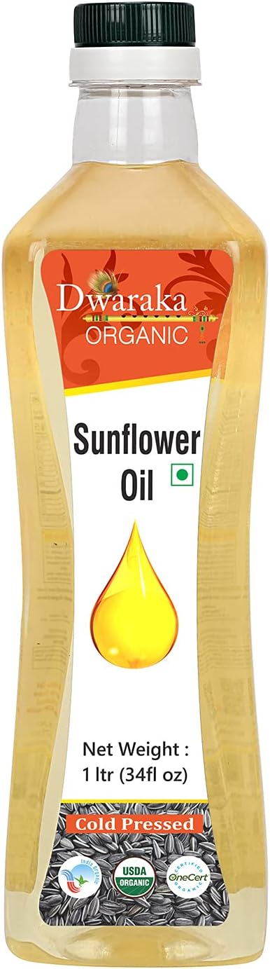 Dwaraka Organic - Cold Pressed Sunflower Oil, 1L, 33 Fl Oz, Healthy, Organic, Non GMO, All Natural