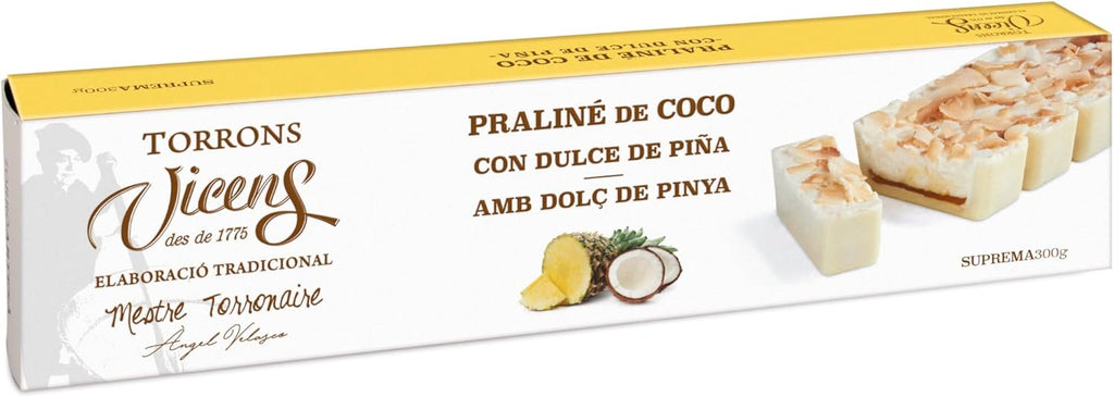 Coconut Praline Nougat with Pineapple by Vicens – 300g Bar – White Chocolate Turrón with Coconut Pieces and Tropical Notes