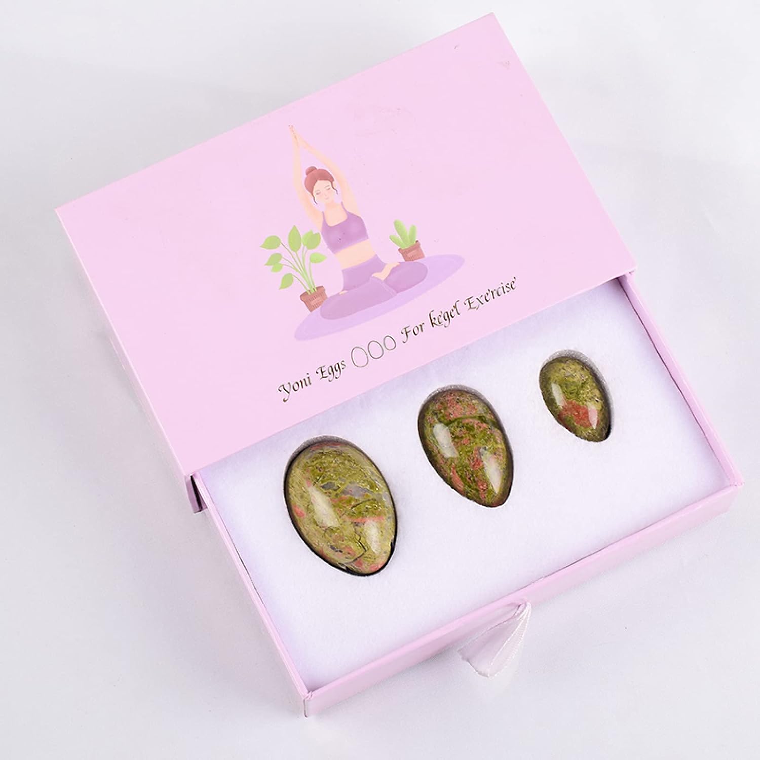 Yoni Egg Jade Eggs for Kegel Exercise Yoni Egg Wand Gift Box Set Natural Unakite Crystal Drill Massage Jade Eggs Kegel Exercise Ball Tool,3 Pcs Sets