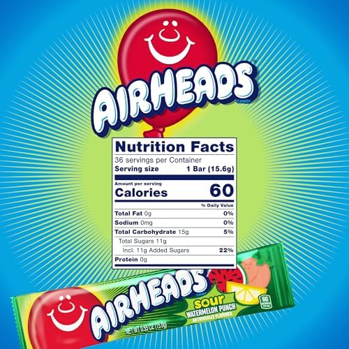 Airheads Sour Full-Size Candy Bars, Taffy, Sour Watermelon Punch, Individually Wrapped Candy, 36 Count