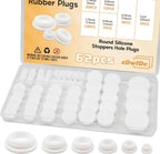 62PCS 6 Sizes White Rubber Hole Plugs for Round Holes Silicone Plugs, 1" 3/4" 5/8" 1/2" 3/8" 1/4" Round Rubber Plug Snap Locking, Used for Furniture DD036-w