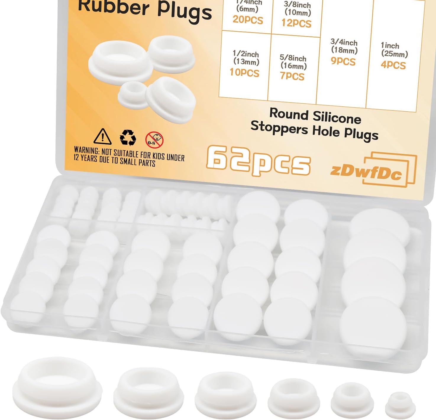 62PCS 6 Sizes White Rubber Hole Plugs for Round Holes Silicone Plugs, 1" 3/4" 5/8" 1/2" 3/8" 1/4" Round Rubber Plug Snap Locking, Used for Furniture DD036-w