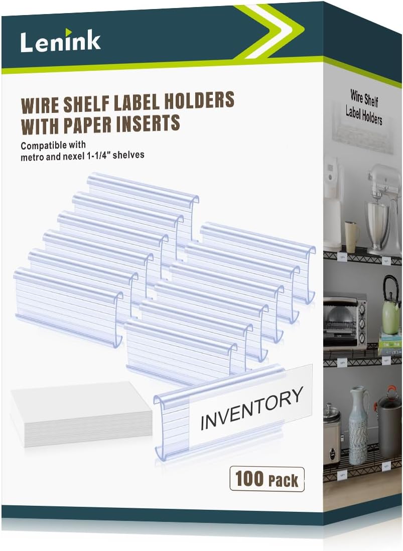 Lenink 100Pcs Wire Shelf Label Holders with 100Pcs Label Paper Inserts, Plastic Wire Rack Label Holder Compatible with Metro and Nexel 1-1/4in Shelves, Label Area 3in Lx1.25in H