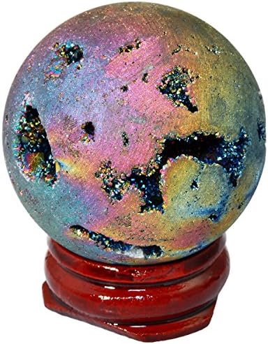 SUNYIK Rainbow Titanium Coated Druzy Geode Sphere Ball,Crystal Quartz Agate Ball,Healing Sculpture Figurine for Easter Day