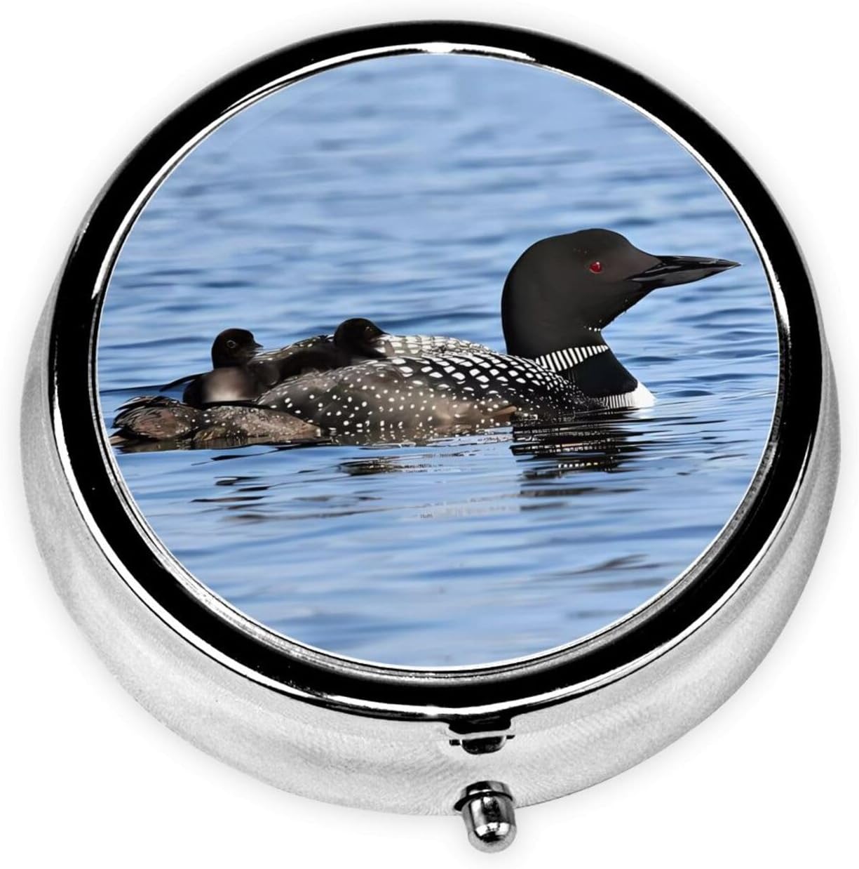 Loon Birds Printed Round Travel Pill Box Cute Small Metal Pocket Pill Case for Men & Women 3 Compartment Portable Pill Organizer for Purse or Pocket