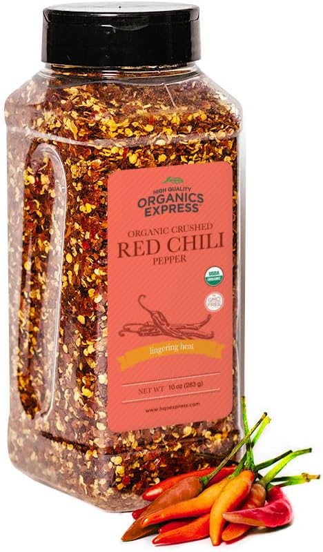 HQOExpress Organic Red Chili Pepper Crushed – Non GMO, Kosher, USDA Certified Organic Chili Flakes – Hot and Spicy Seasoning for Soups, Chilis, Marinades and Stir Fries, 10 oz. Chef Jar