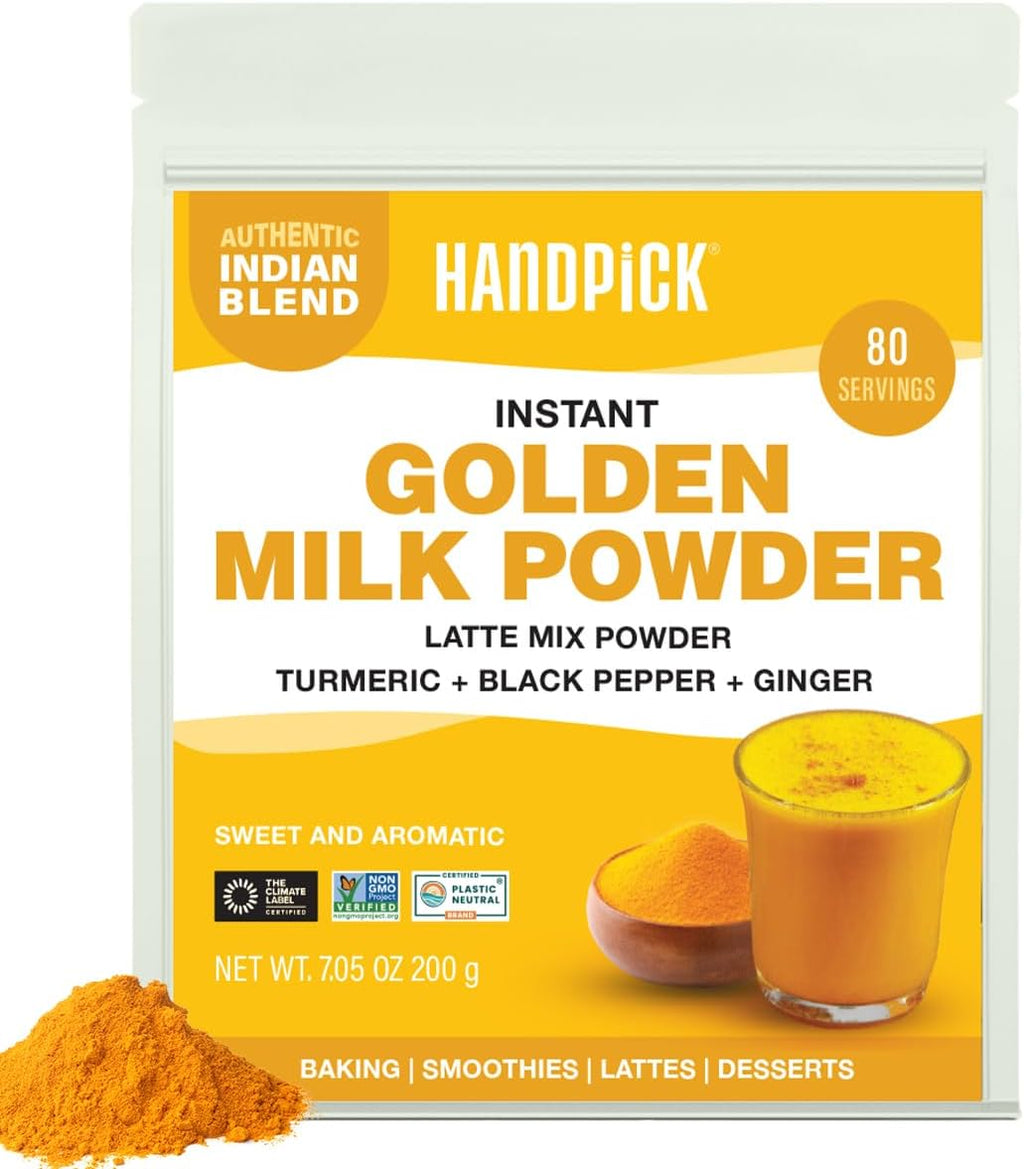 HANDPICK Golden Milk Powder with Turmeric - (7oz, 80 servings) Instant Latte Mix | Blend of Ginger, Black Pepper and Curcumin