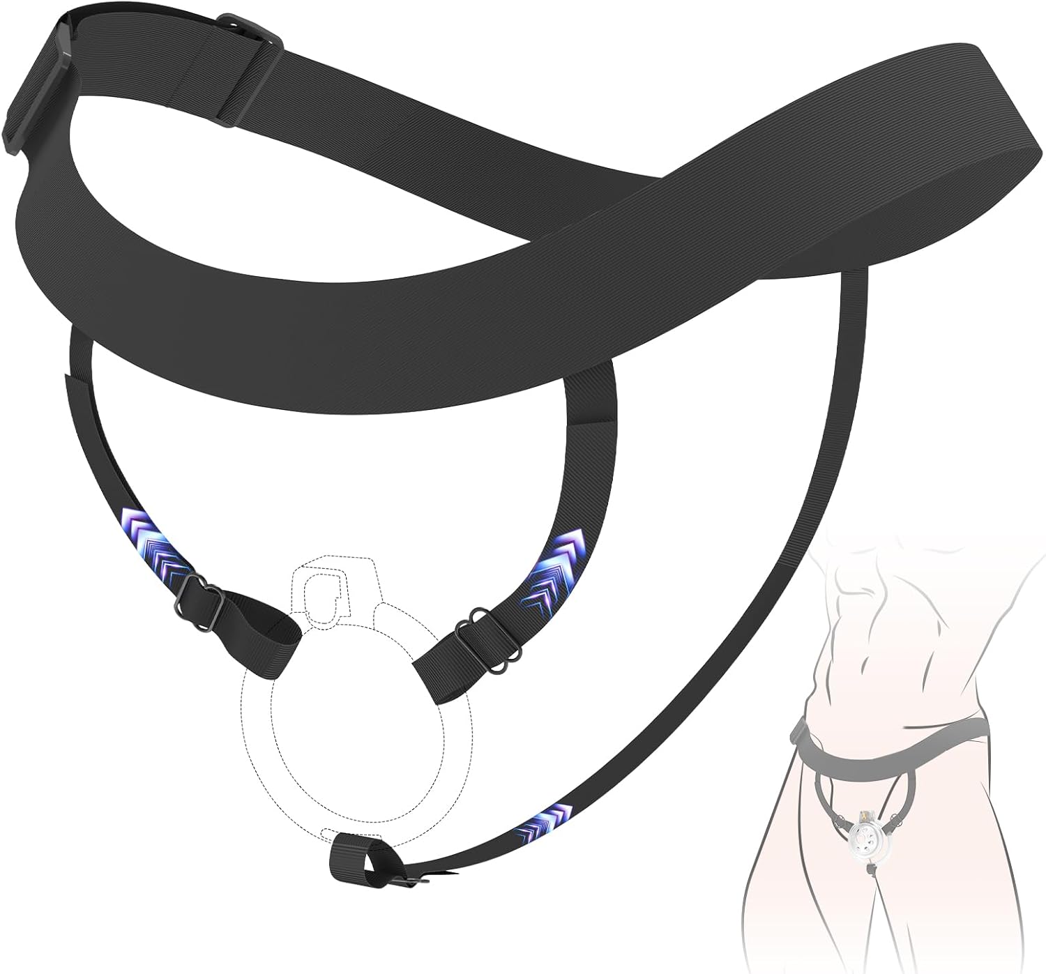 Adjustable Three-Way Anti-Slip Male Chastity Cage Belt - High Elasticity Chastity Device Accessory Elastic Band Chastity Strap with Heart-Shaped Buckle for Sissy Cock Cage BDSM Sex Toy for Men - Black
