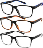 JJWELL 3 Pack Reading Glasses for Men Blue Light Blocking with Spring Hinge, Anti Eyestrain/Dryness/UV Large Wide Square Readers for Men, Two Tone Computer Reader Glasses Eyeglass(2.25 Strength)