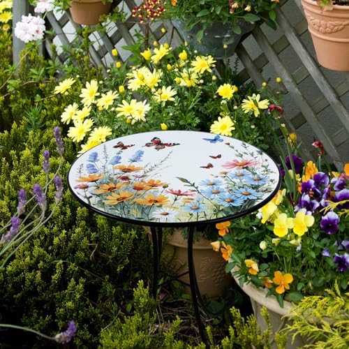 Outdoor Side Table, Flower & Butterfly Round Accent Table, Metal Indoor Small End Tables, 18" Plant Stand Tables for Patio Balcony Garden Bedside