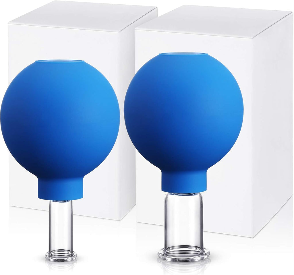Nuanchu 2 Pieces Glass Cupping Set, Facial Cupping Cups Glass Silicone Cups Vacuum Suction for Face Skin Back Shoulder Muscle (1 Inch and 0.65 Inch Diameter,Blue)