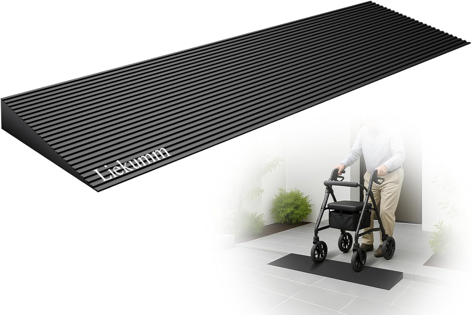 LIEKUMM 1-3/4" Rise Rubber Threshold Ramp for Doorways & Home Steps, 2500 lbs Heavy Duty Wheelchair Door Ramp, Non-Slip Indoor Outdoor Transition, 35.5" Wide, Cuttable