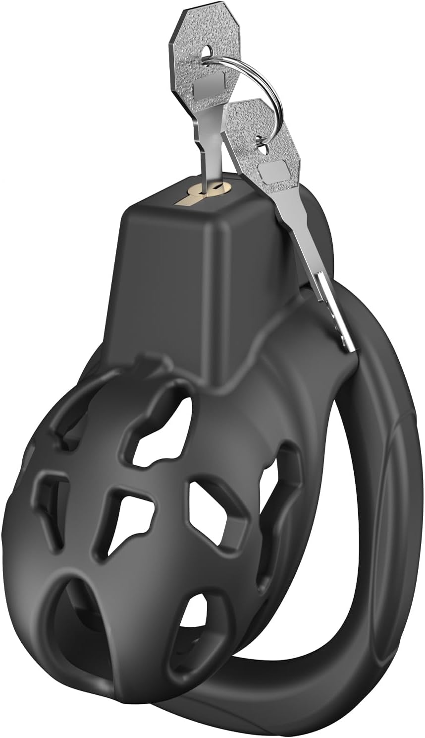 Male Chastity Cage with 5 Size Rings, Lightweight Breathable Chastity Device with Invisible Lock, Comfortable Fit with Ventilated Design & Urination Hole (XS,Black)