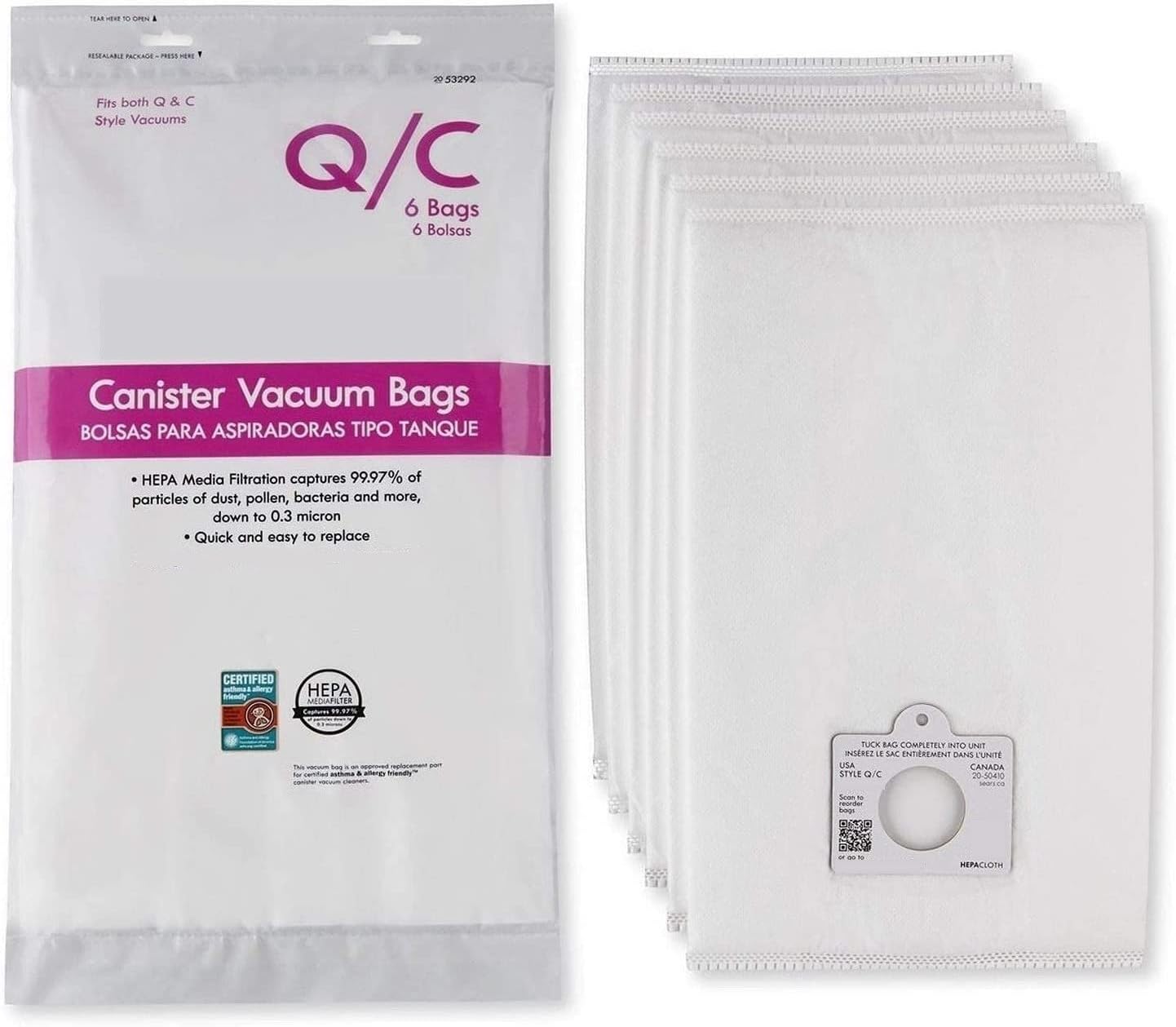 6 Style Q/C 53292 Hepa Filtration Bags. Compatible with Kenmore Elite, Intuition, Progressive, 200 400 600 700 800 Series Canister Vacuum Cleaners. Replaces Part # 5055 50104 50557 50558 53291 (white)