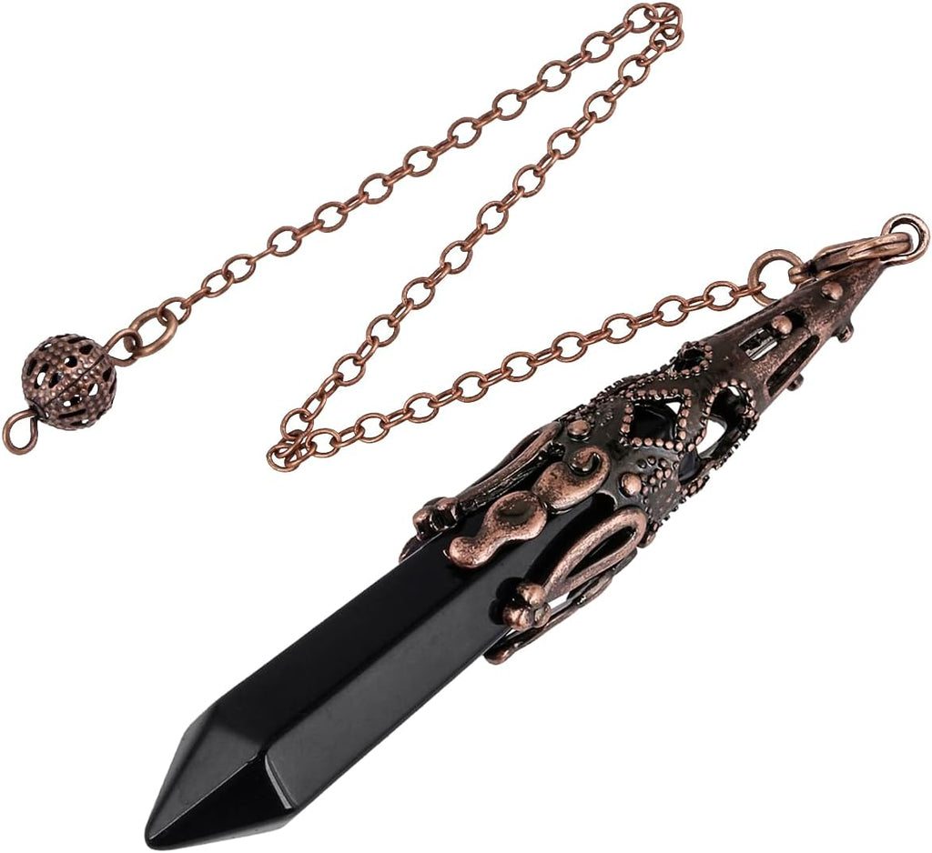 mookaitedecor Black Obsidian Crystal Pendulum for Divination Dowsing, 6 Faceted Hexagonal Pointed Stone Pendant Pendulum for Balancing Wicca Meditation