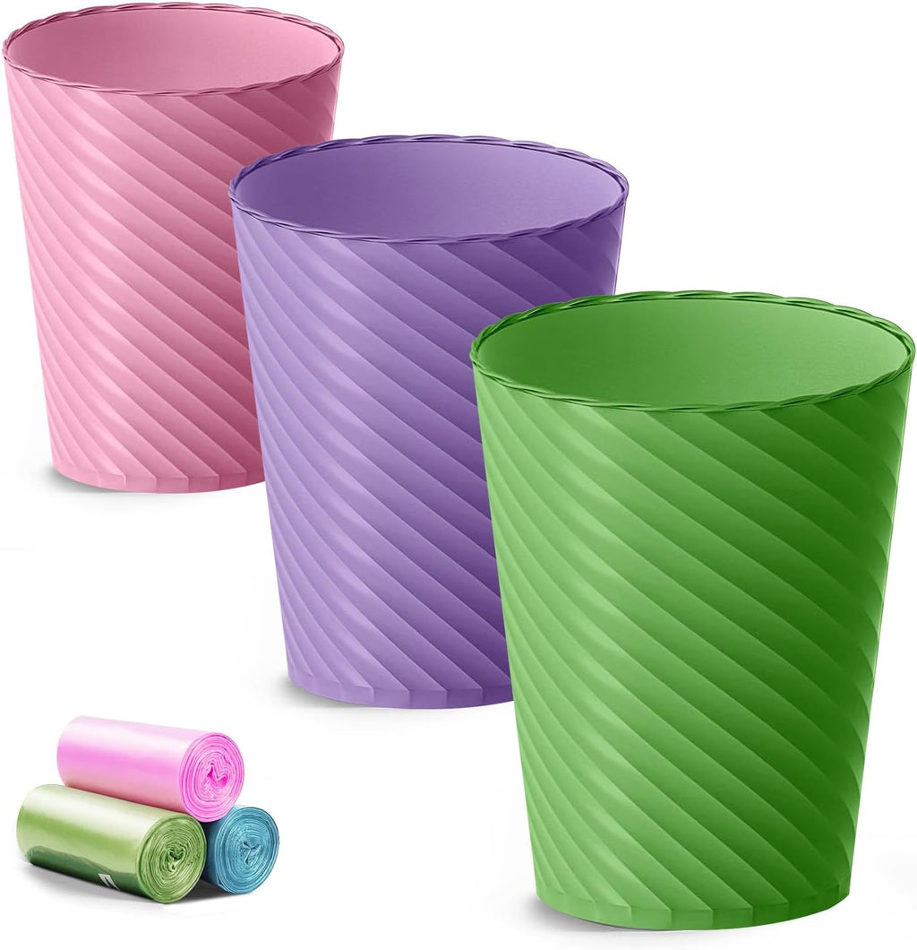 Lysam Bathroom Trash Can, 3 Pack 1.8 Gallons Small Trash Can with Trash Bags, Bathroom Garbage Can, Plastic Trash Bin, Round Waste Basket for Bedroom, Office, Compact Space (Pink Purple Green)