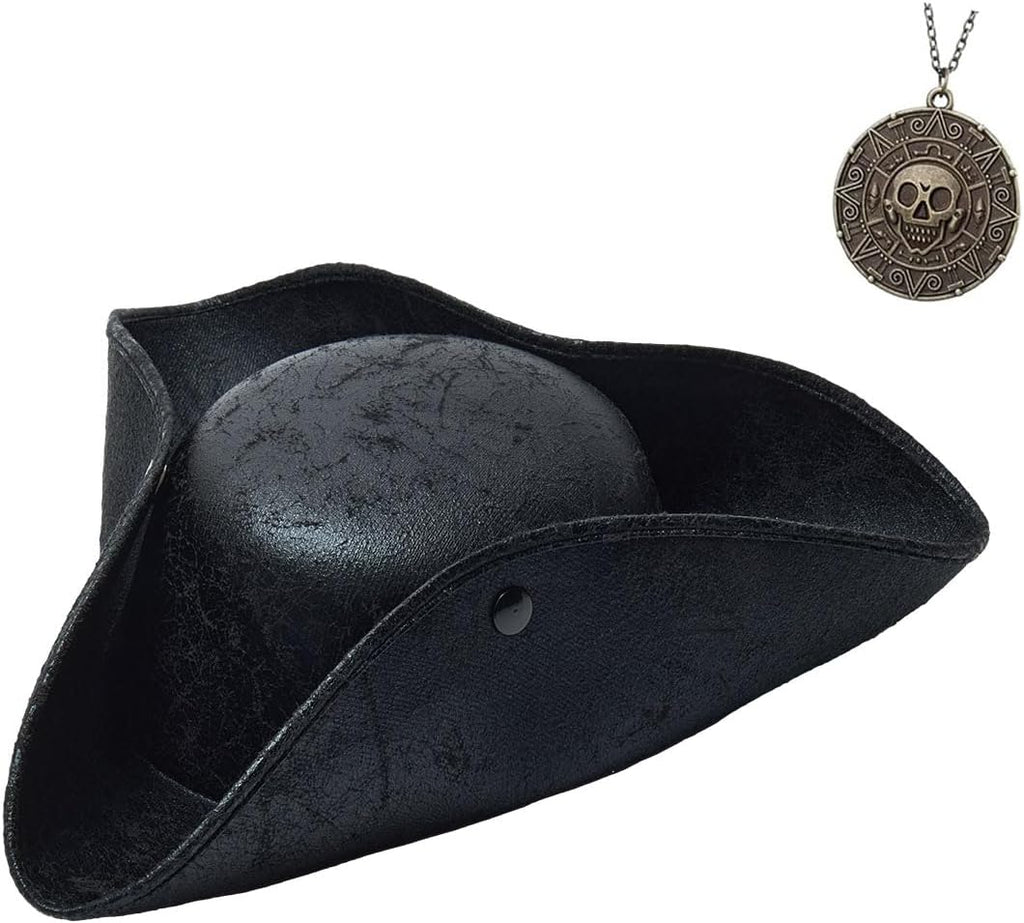Pirate Hat for Woman Men Pirate Costume Accessories Renaissance Tricorn Hats with Necklace Halloween Adult Costume Accessory