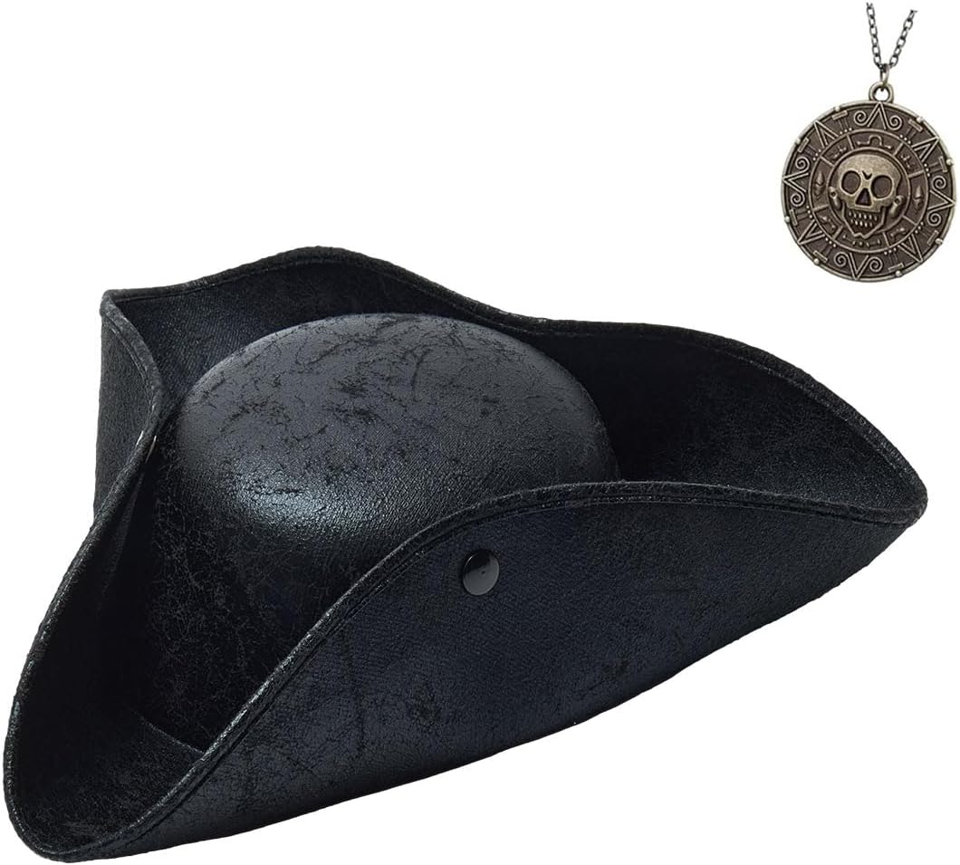 Pirate Hat for Woman Men Pirate Costume Accessories Renaissance Tricorn Hats with Necklace Halloween Adult Costume Accessory