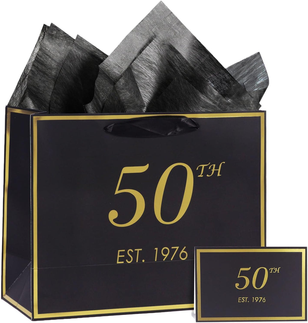 momoake 50th Birthday Gift Bag with Card and Tissue Paper for Men Women Him, 1976 50 Year Old 13" Elegant Black Gold Anniversary Keepsake Party Present Shopping Paper Bags for Gifts Wrapping