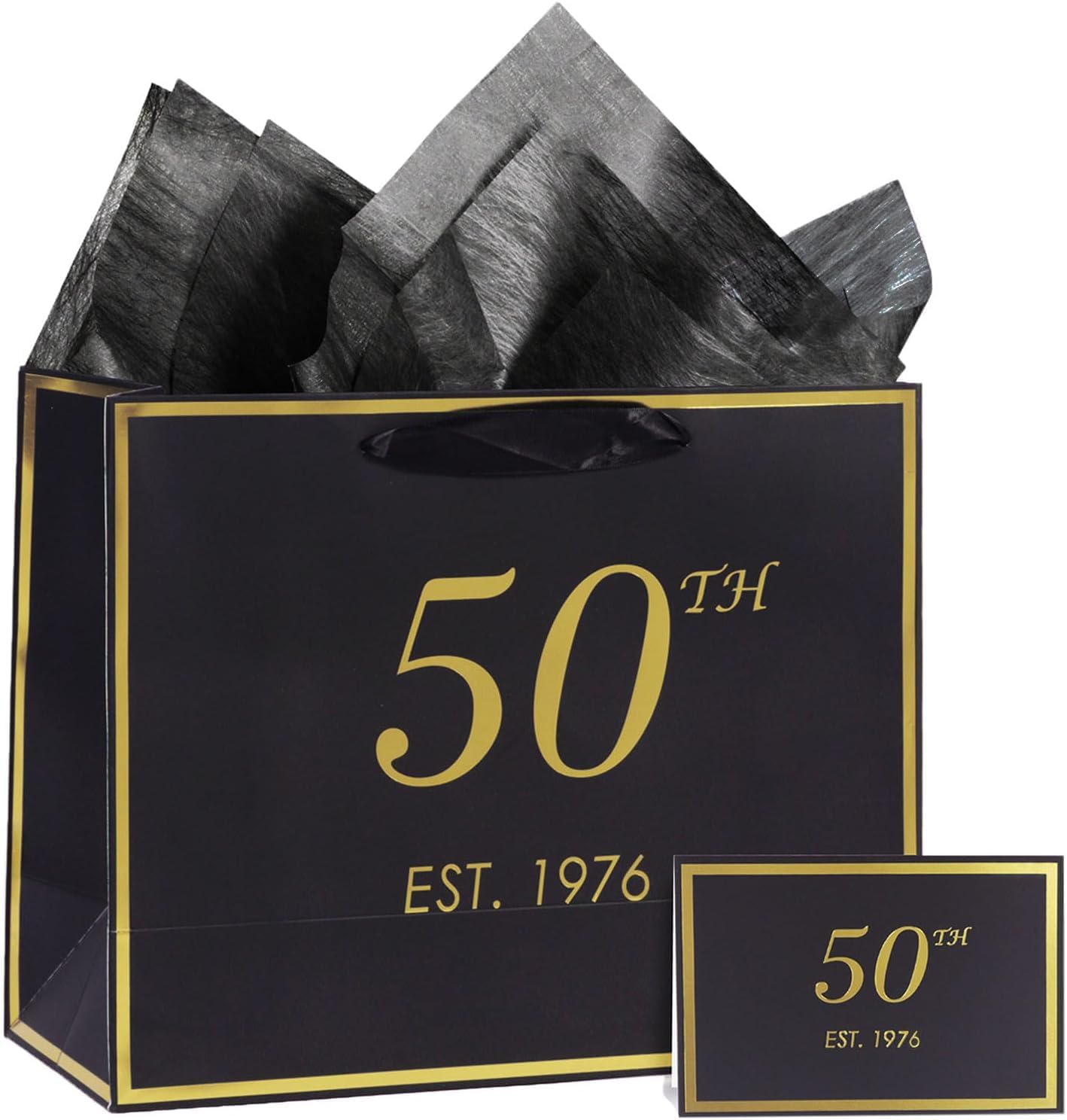momoake 50th Birthday Gift Bag with Card and Tissue Paper for Men Women Him, 1976 50 Year Old 13" Elegant Black Gold Anniversary Keepsake Party Present Shopping Paper Bags for Gifts Wrapping