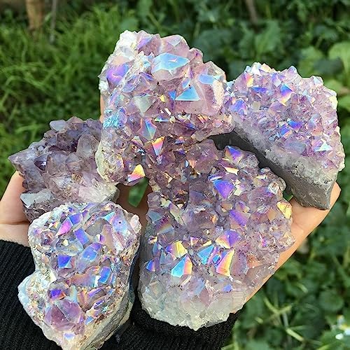 Rainbow Angel Halo Crazy Amethyst Cluster Quartz Crystal Rough Plagioclase Gift Ornaments (Size : 900-950g)
