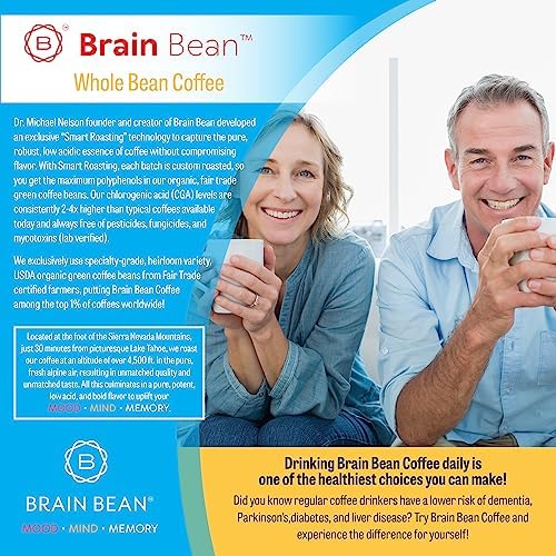 Brain Bean Organic Coffee – Smooth Taste & Rich Medium Roast – High Antioxidant & USDA certified organic for Cognitive Support, Mood Enhancement & Toxin Removal - Whole Bean Coffee – 16 oz (1-Pack)