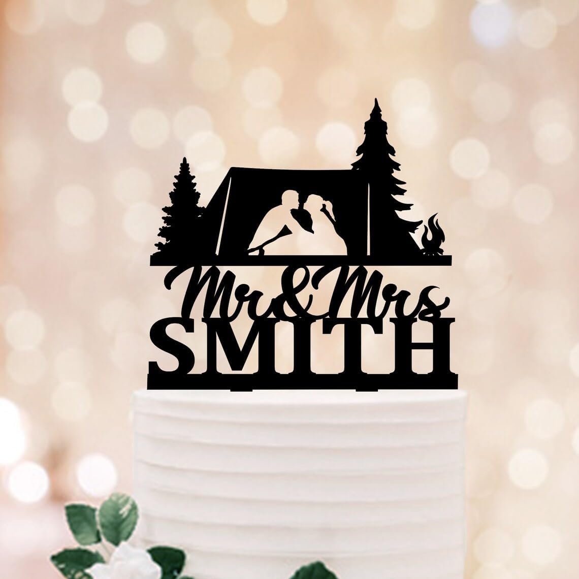 Camping Wedding Cake Toppers Bride & Groom Hiking Silhouette Rustic Outdoor Celebration Topper Travel Theme Acrylic Decor Adventure Begins Bride And Groom Accessories Mr and Mrs Sign