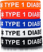 MEALGUET Pack of 5 Comfort Silicone Medical Alert ID Type 1 Diabetic Type 2 Diabetic Wristband Awareness Diabetic Bracelet for Kid Boys Girls, 6.7"