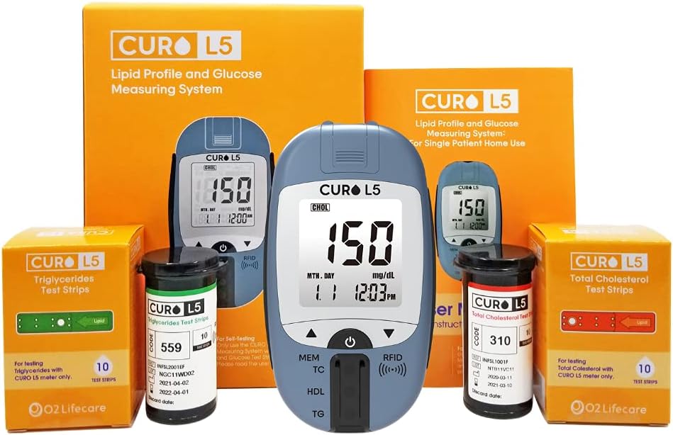 CUROfit Quick Home Blood Total Cholesterol and Triglycerides Test Kit - CURO L5 Digital Meter - Easy Use, Accurate Results, Comprehensive Health Tracking, Portable Design, and All-Inclusive Kit
