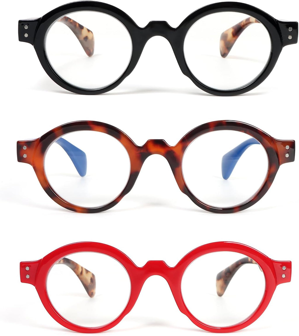 KoKoBin Reading Glasses Roud for Women Oversized Blue Light Blocking with Spring Hinge 3 Pack Fashion Design