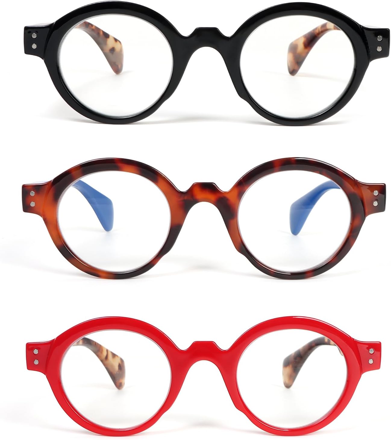 Reading Glasses Roud for Women Oversized Blue Light Blocking with Spring Hinge 3 Pack Fashion Design