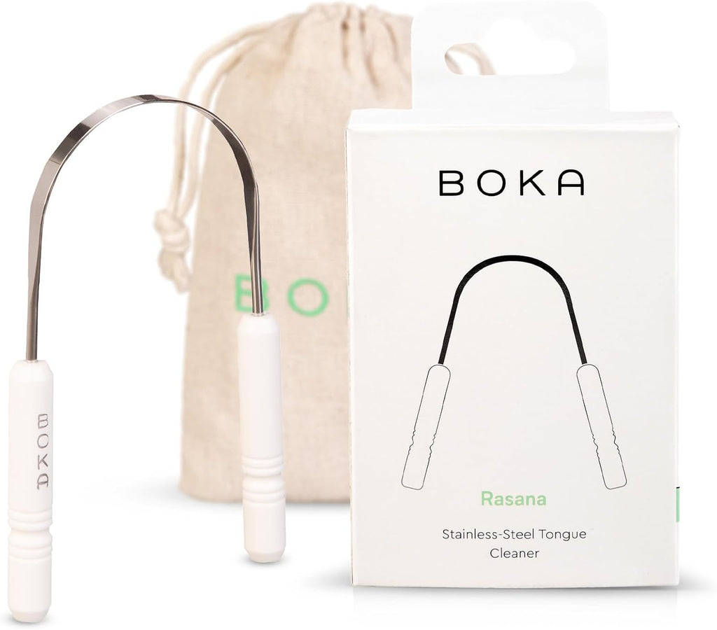 Boka Tongue Scraper for Adults & Kids with Case - Stainless Steel Tongue Cleaner w/Linen Travel Pouch - Scrubber to Remove Tongue Buildup and Freshens Breath (Pack of 1)