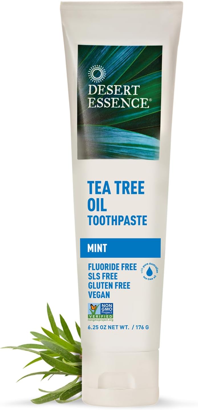 Desert Essence Tea Tree Oil Toothpaste - Mint - 6.25 Ounce - Refreshing Taste - Deep Cleans Teeth & Gums - Helps Fight Plaque - Sea Salt - Pure Essential Oil - Baking Soda - Promotes Healthy Mouth