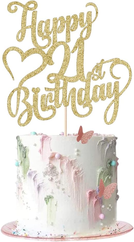 Gold Glitter Happy 21st Birthday Cake Topper - 21 Anniversary/Birthday - Hello 21, Cheers to 21 Years,21 & Fabulous Cake Topper Party Decoration