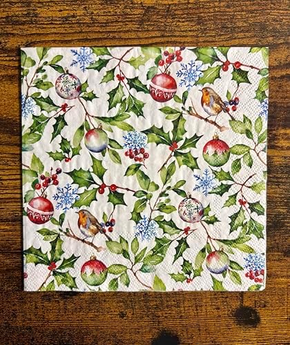 IHR Ideal Home Range Party Napkins Disposable 3-Ply Paper Lunch Napkin Pack, 6.5" x 6.5", Christmas Holly, 20-Count