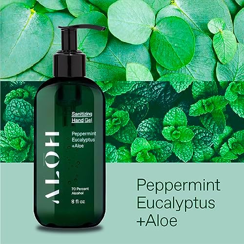 ALŌH Sanitizing Hand Gel 2-pack | Peppermint Eucalyptus + Aloe | 70% Alcohol Hydrating Hand Sanitizer Gel with Essential Oil, for Kids & Adults | 8oz Bottle (Set of 2)
