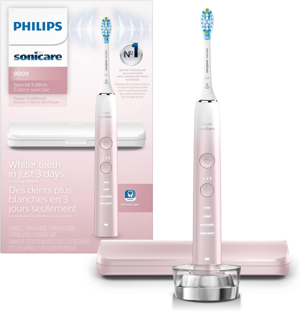 Philips Sonicare DiamondClean 9000 Electric Toothbrush - Sonic Toothbrush with App, Pressure Sensor, 12 Brushing Settings, Replacement Reminder, Charging Stand, Travel Case, Pink, HX9911/90