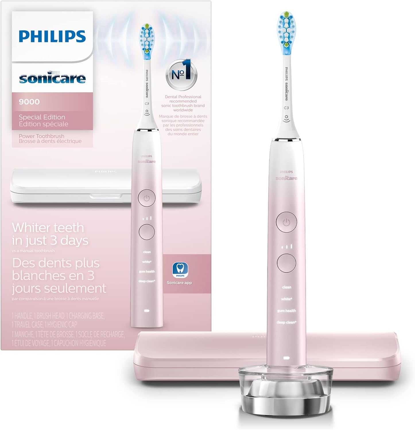 Philips Sonicare DiamondClean 9000 Electric Toothbrush - Sonic Toothbrush with App, Pressure Sensor, 12 Brushing Settings, Replacement Reminder, Charging Stand, Travel Case, Pink, HX9911/90