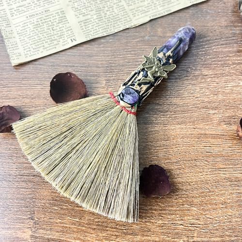 Purple Crystal Witch Broom – Wiccan Altar Broom for Witchcraft & Pagan Rituals | Natural Reiki Energy Wand Stone | Ceremonial Magic Tool for Meditation, Healing & Halloween Decor