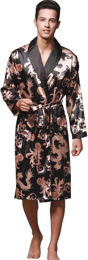 ZUEVI Men's Kimono Robe Silk Satin Long Sleeve Spa Bathrobe Lightweight Soft Silky Pajamas Robes