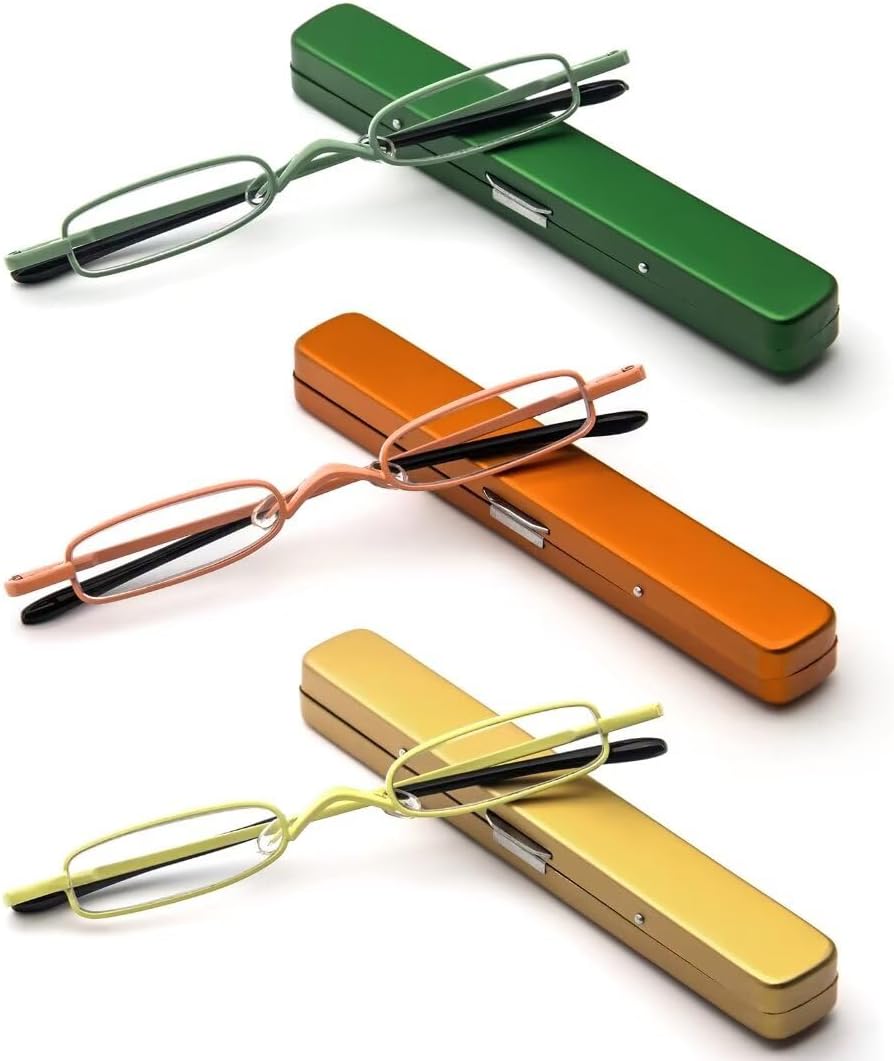 MMOWW Small Reading Glasses Men Women 3 Pairs Slim Pocket Readers with Pen Clip Metal Case Spring Hinge (Yellow+Orange+Green,+2.5)