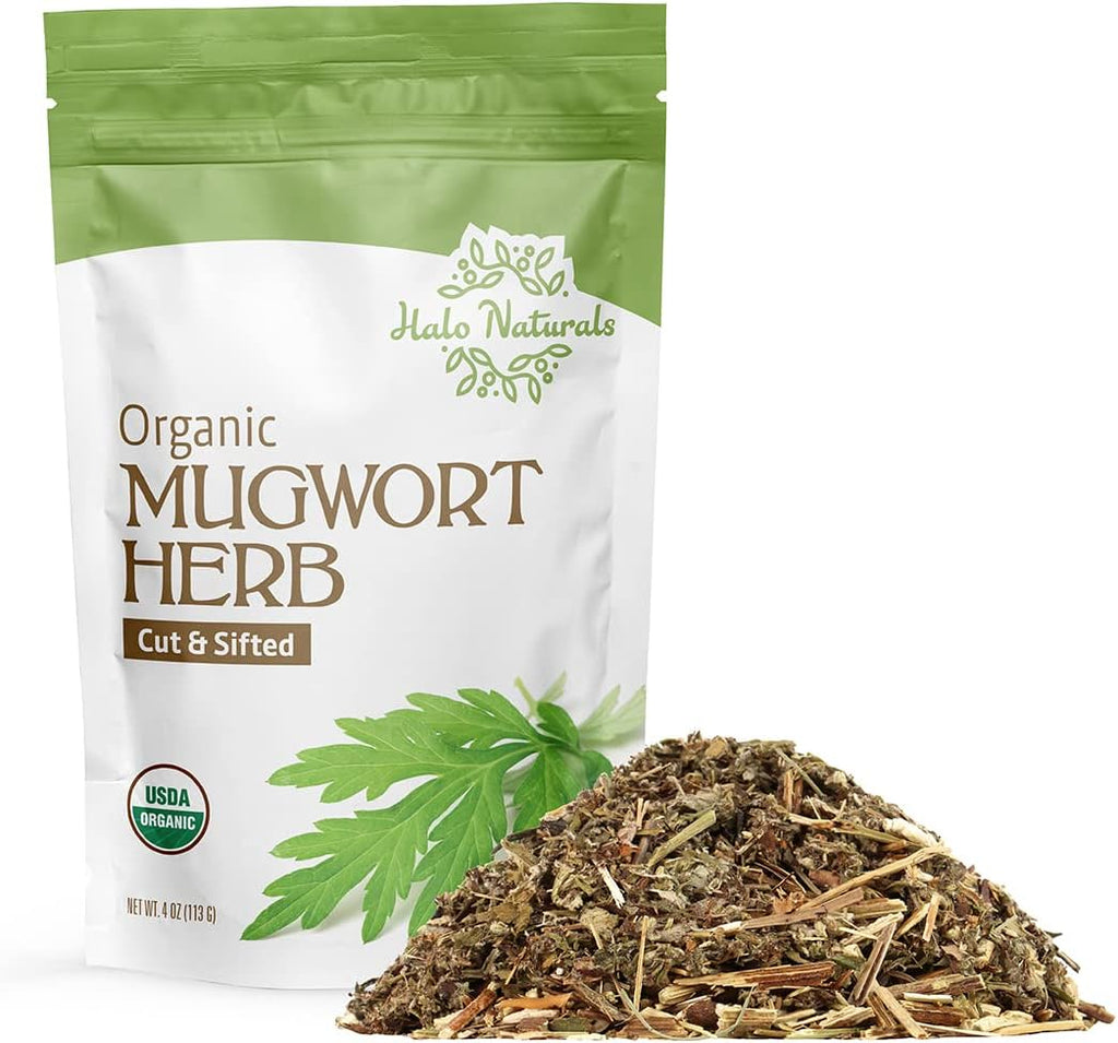 Halo Naturals Organic Mugwort Herb Cut & Sifted, 4 Ounces (Artemisia vulgaris) USDA Certified | Resealable Pouch| Packaged in The USA (Pack of 1)