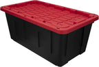 40 Gallon Extra Large Storage Bin with Snap Lid, Black and Red, Heavy Duty Plastic Storage Container – Jumbo Stackable Tote for Home, Garage, Basement, Moving