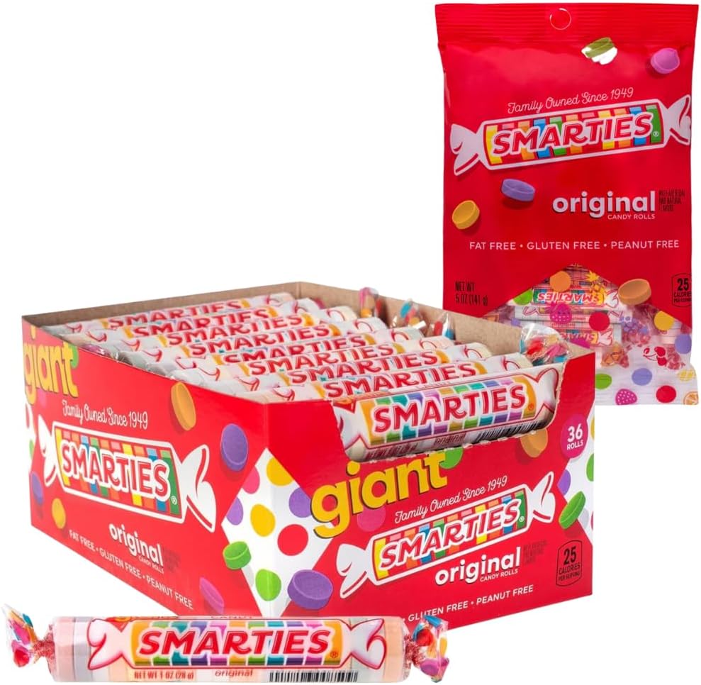 Smarties Candy Variety Pack – Giant Rolls Box (34 oz, 36 Rolls) + 5 oz Peg Bag – Gluten Free & Vegan Candy, Peanut Free & Dairy Free – Classic Original Flavor from Family-Owned Company Since 1949