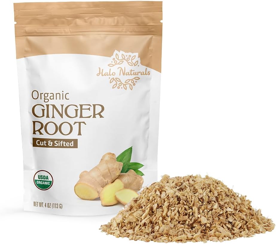Halo Naturals Organic Ginger Root Cut & Sifted, 4 Ounces (Zingiber officinale) USDA Certified | Resealable Pouch| Packaged in The USA