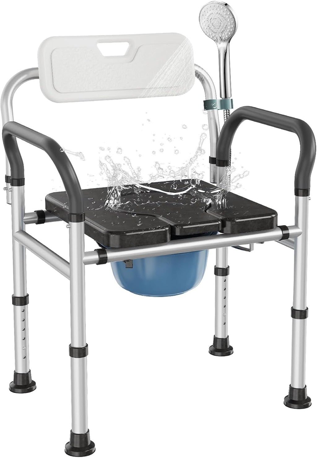 Heavy Duty Bedside Commode Chair with Adjustable Height, Raised Toilet Seat with Arms Handles and Back Support for Elderly, Portable Bedside Toilet with Bucket（Width 19.69")