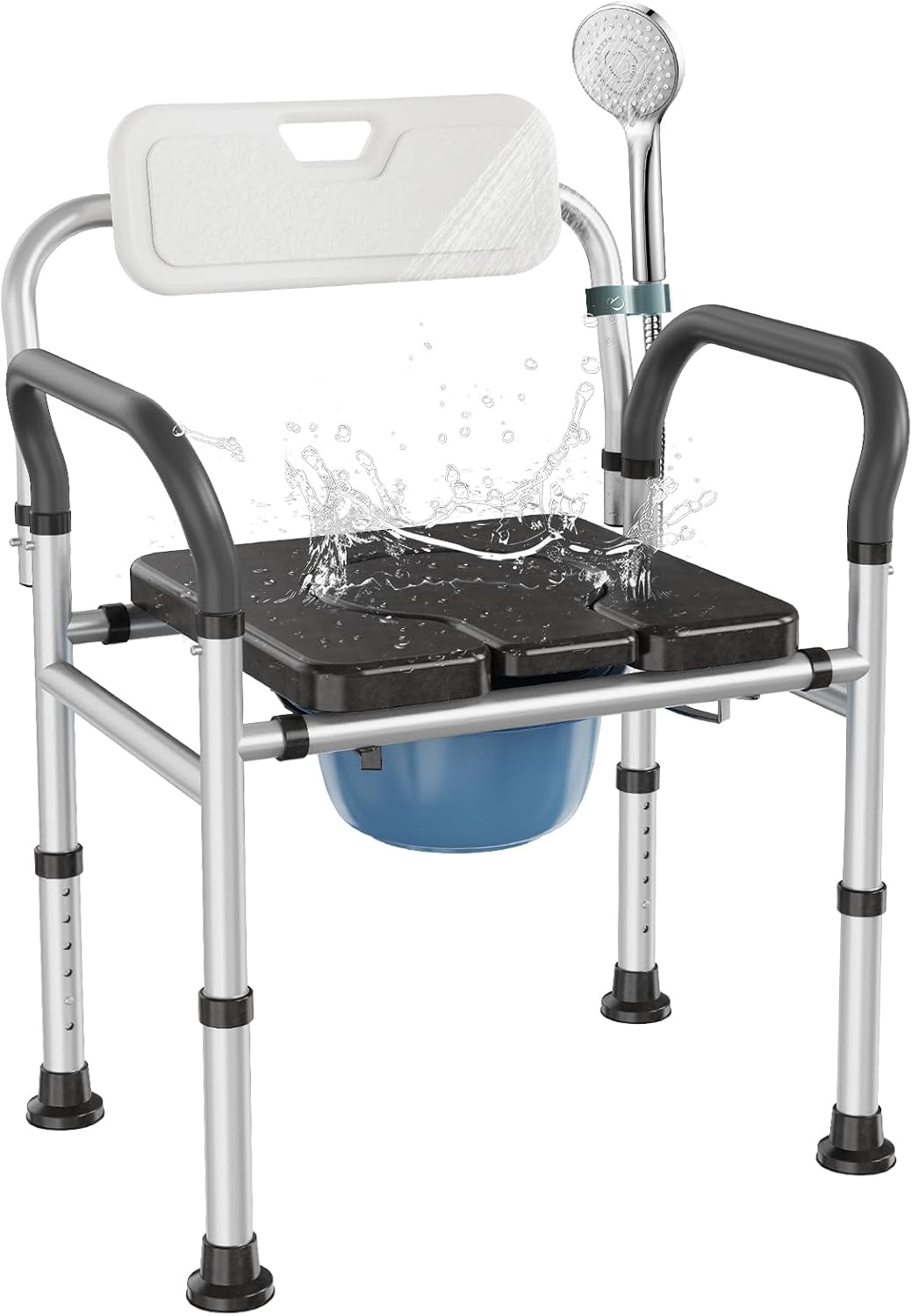 Heavy Duty Bedside Commode Chair with Adjustable Height, Raised Toilet Seat with Arms Handles and Back Support for Elderly, Portable Bedside Toilet with Bucket（Width 19.69")