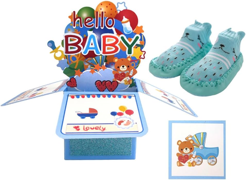 New Baby Congratulations Card Funny Hello Baby 3D Greeting Box Card for Boy Girl with Envelopes，Note Tag and Baby Non Slip Socks (Blue)